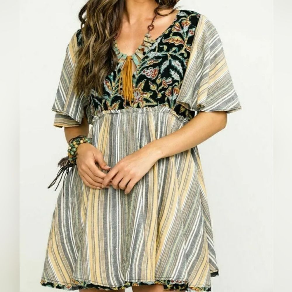 Free People Striped Tunic Dress with Embroidered Yoke in Green and Yellow